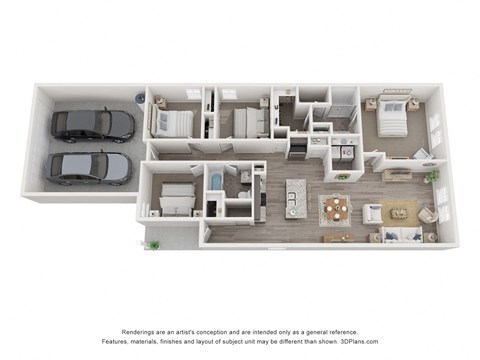 A 3D floor plan of a 4-bedroom home with a garage for two cars.